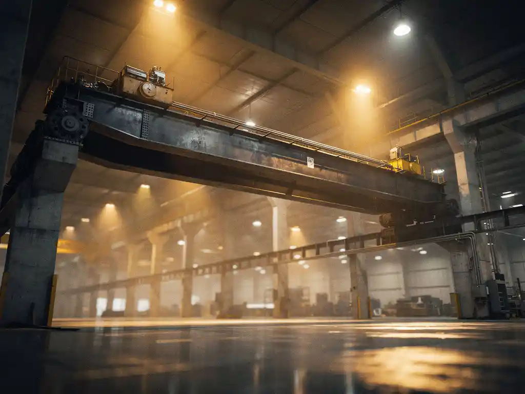 Bovenkraan met stalen brugbalk en loopkatten op verhoogde railbanen in industriële werkplaats, verlicht door wolfraam-schijnwerpers.