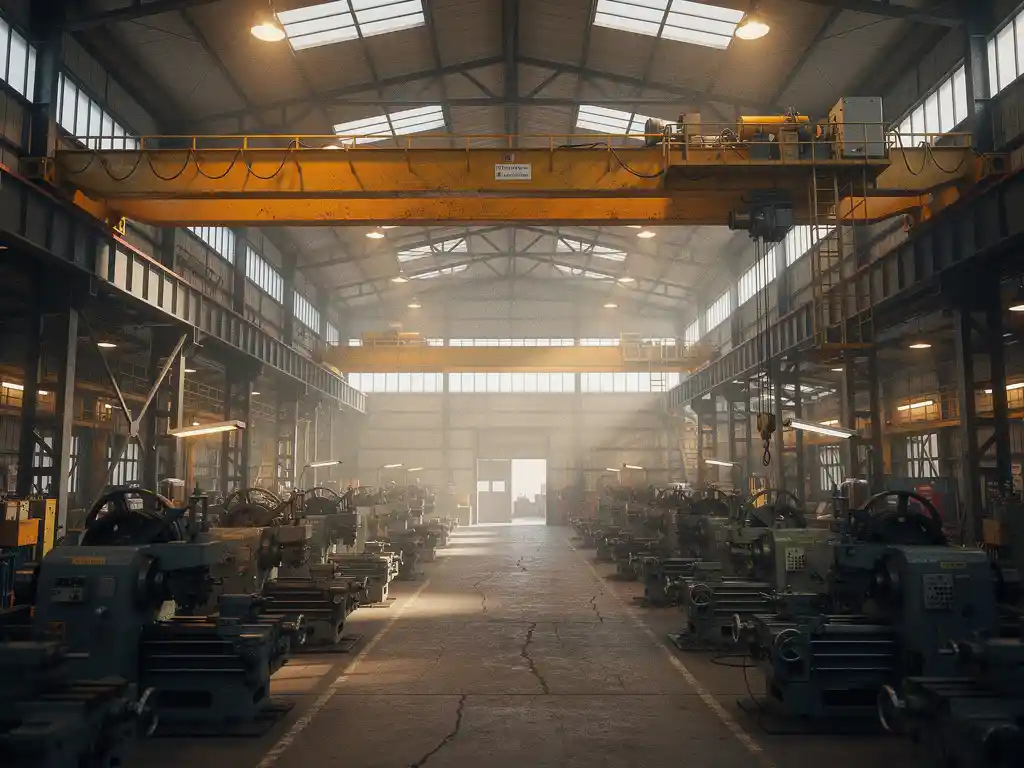Industriële brugkraan op stalen kolommen boven machinevloer, met warm amberkleurig werkplaatslicht en daglicht via bovenlichten.