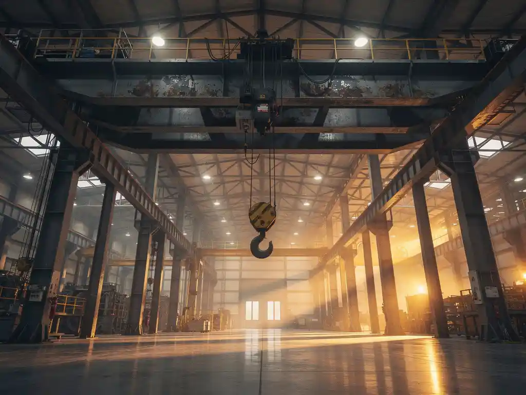 Industriële overheadkraan van staal overspant een moderne fabriekshal, met haak en balk verlicht door warm amberkleurig werkplaatslicht.
