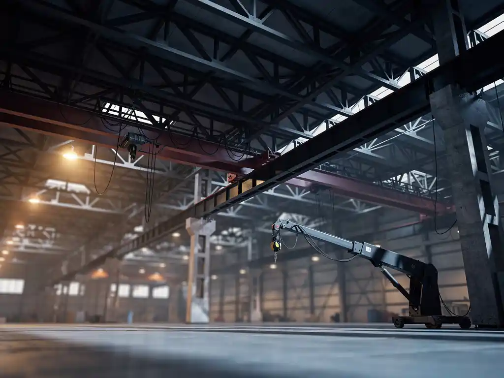 Grote bovenloopkraan met stalen liggerconstructie in industriële werkplaats, naast een zwenkarmkraan aan betonnen pilaar, dramatische amberkleurige verlichting.