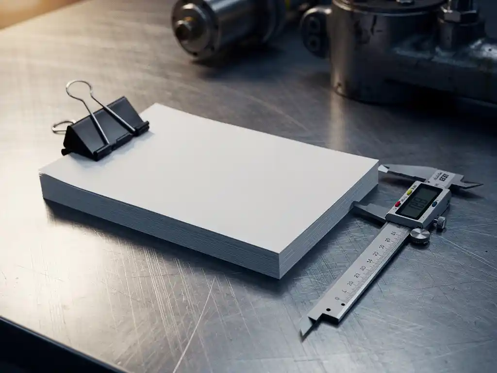Officieel certificeringsdocument met metalen binder clip naast een precisie schuifmaat op stalen werkoppervlak, kraanonderdelen op achtergrond.