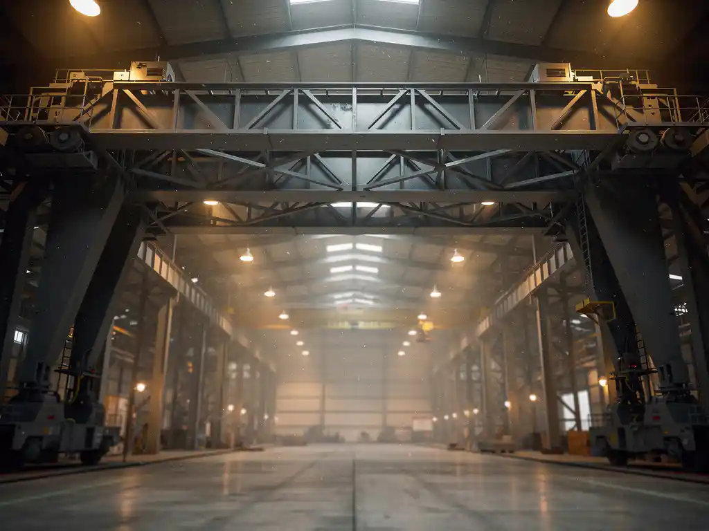 Dubbeligger bovenloopkraan in industriële fabriekshal, stalen balken en eindbalken in scherp detail, lage camerahoek benadrukt schaal.