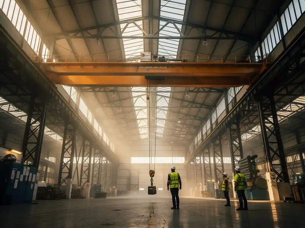 Enkeldraagbalk bovenloopkraan in industriële werkplaats, zware stalen balk aan één rijrail, arbeiders met helmen zichtbaar voor schaalgrootte.