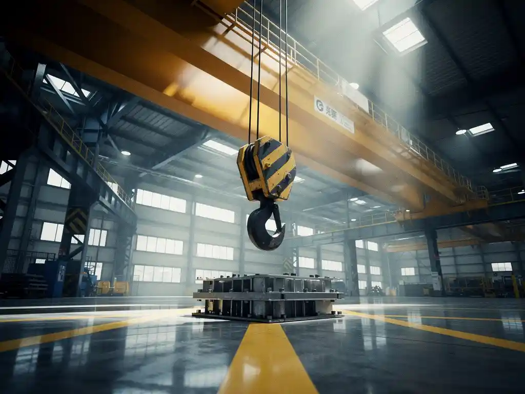 Industriële brugkraan met stalen haak boven een metalen component op een fabrieksvloer met gele veiligheidsmarkeringen.