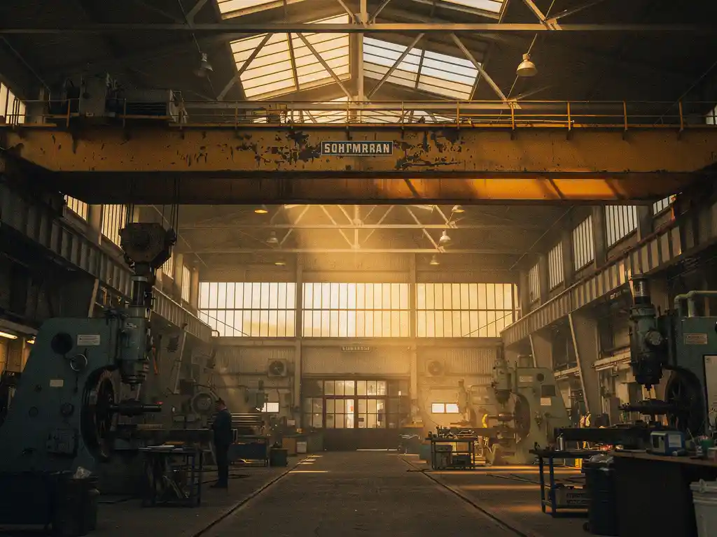 Industriële overheadkraan met stalen brugliggers boven een fabriekshal, verlicht door warm goudkleurig licht uit hoge bovenlichten.