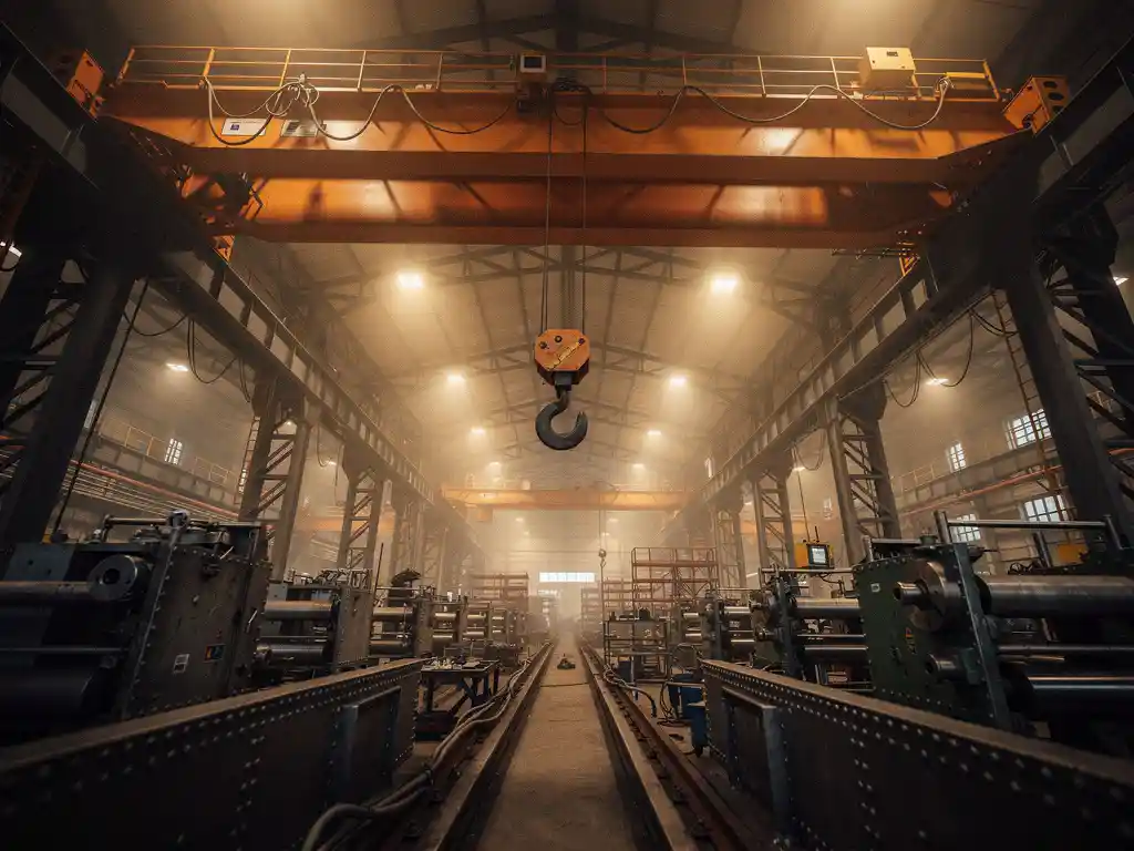 Industriële brugkraan met zware stalen haak boven machinevloer, amber werkplaatsverlichting door stoffige fabriekshal.