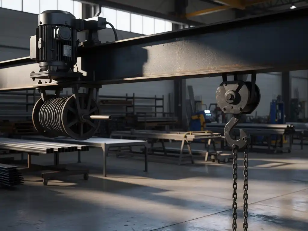 Industriële loopdkraan met elektrische motor en kabelrol aan één zijde en hangende kettingtakel aan de andere, boven betonnen werkplaatsvloer.