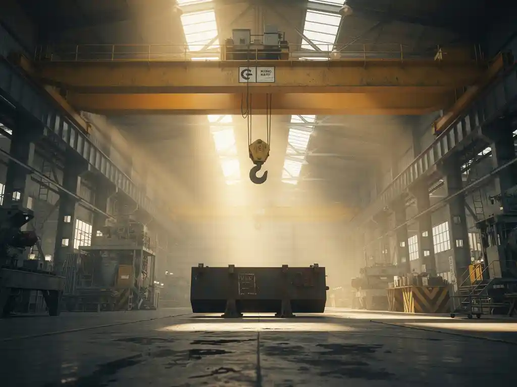 Industriële overheadkraan met stalen balk en haak boven zwaar staalonderdeel in magazijn, warm amberkleurig licht door hoge ramen.