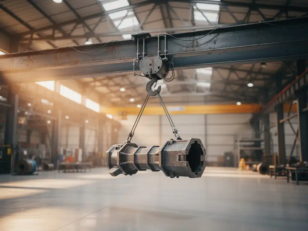 Eénrails kraanbalk in industriële werkplaats met zwevend metalen onderdeel aan de takel, verlicht door warm amberkleurig licht.